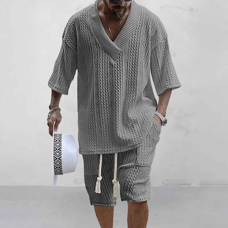2024 Summer Casual Shorts Set Knitted Two Piece Mens Clothing V-Neck Short Sleeve T-shirt and Shorts Streetwear Knit Outfits 250206