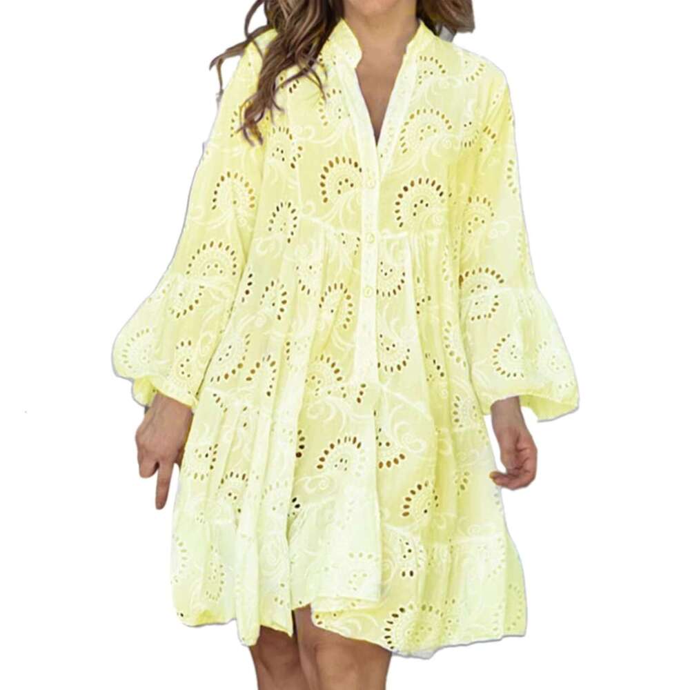 Plus Size S-5XL Hollow Out Dresses for Women Summer Elegant Solid Embroidered Lace Loose Holiday Beach Mini Dress White R250206