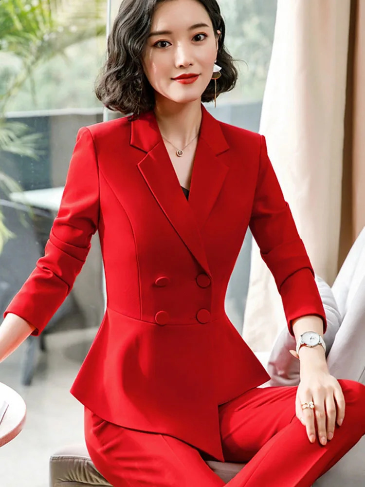 Fashion Red Pant Suits For Women Business Work Wear Formal Outfits Office Lady Blazer Set Elegant 2 Pieces Sets Female 250206
