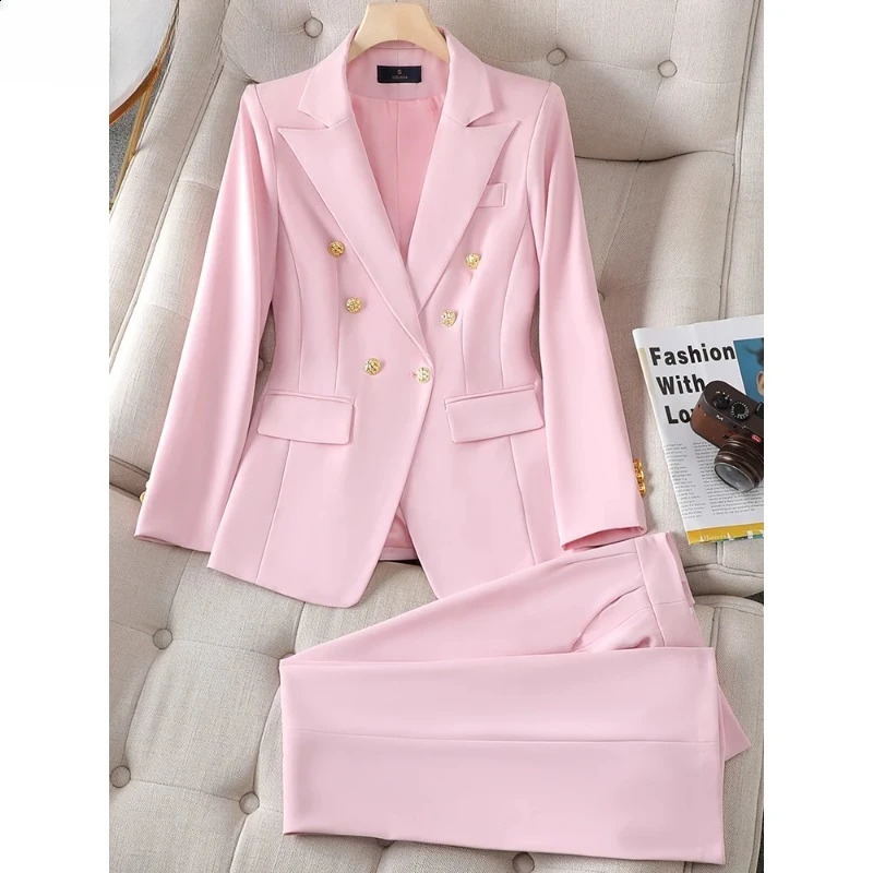 Button Decoration Formal Jacket Blazer and Trouser 2 Piece Set Fashion Pink Green Black Ladies Work Wear Pant Suit Women 250206
