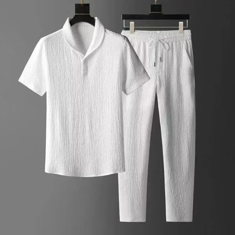 Summer Ultra-thin Five-piece Ice Silk Linen Suit Mens Cotton Linen 2-piece Set Loose-fit Mid-sleeve T-shirt Sports Wear 250121
