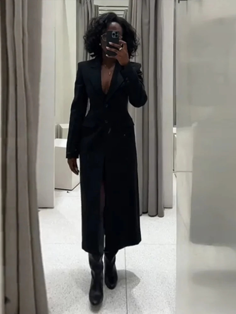 VNeck Waist Cinched Suit Coat Jacket Slim Fit Lapel Long Overcoat Fashion Temperament Outwear Womens Clothing Spring Fall 250109Z