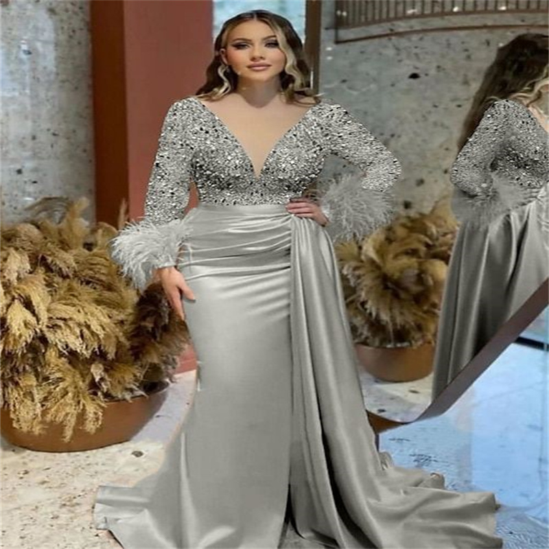 Saudi Arabic Mermaid Prom Dress With Feather Sparkly Luxury Sequin Abaya Evening Dress Dubai Plus Size Formal Party Dress Silver Gold Vestio De Fiesta