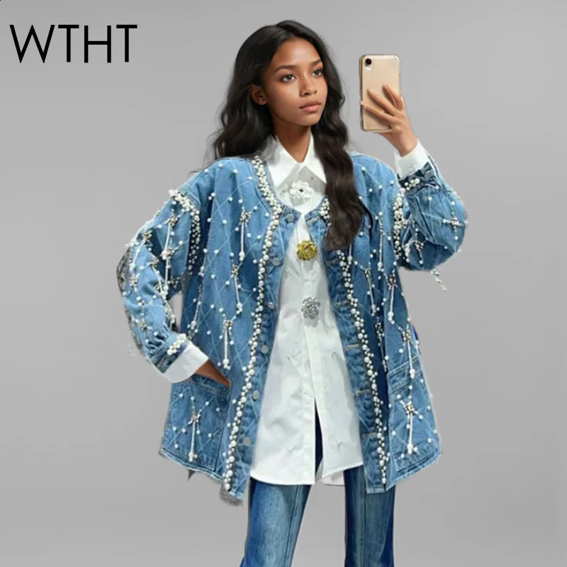 WTHT Trendy Womens Plaid Tassel Diamonds Denim Jacket 2025 Spring Fashion O-neck Long Sleeve Mid-length Coat Female 1LS709 250121