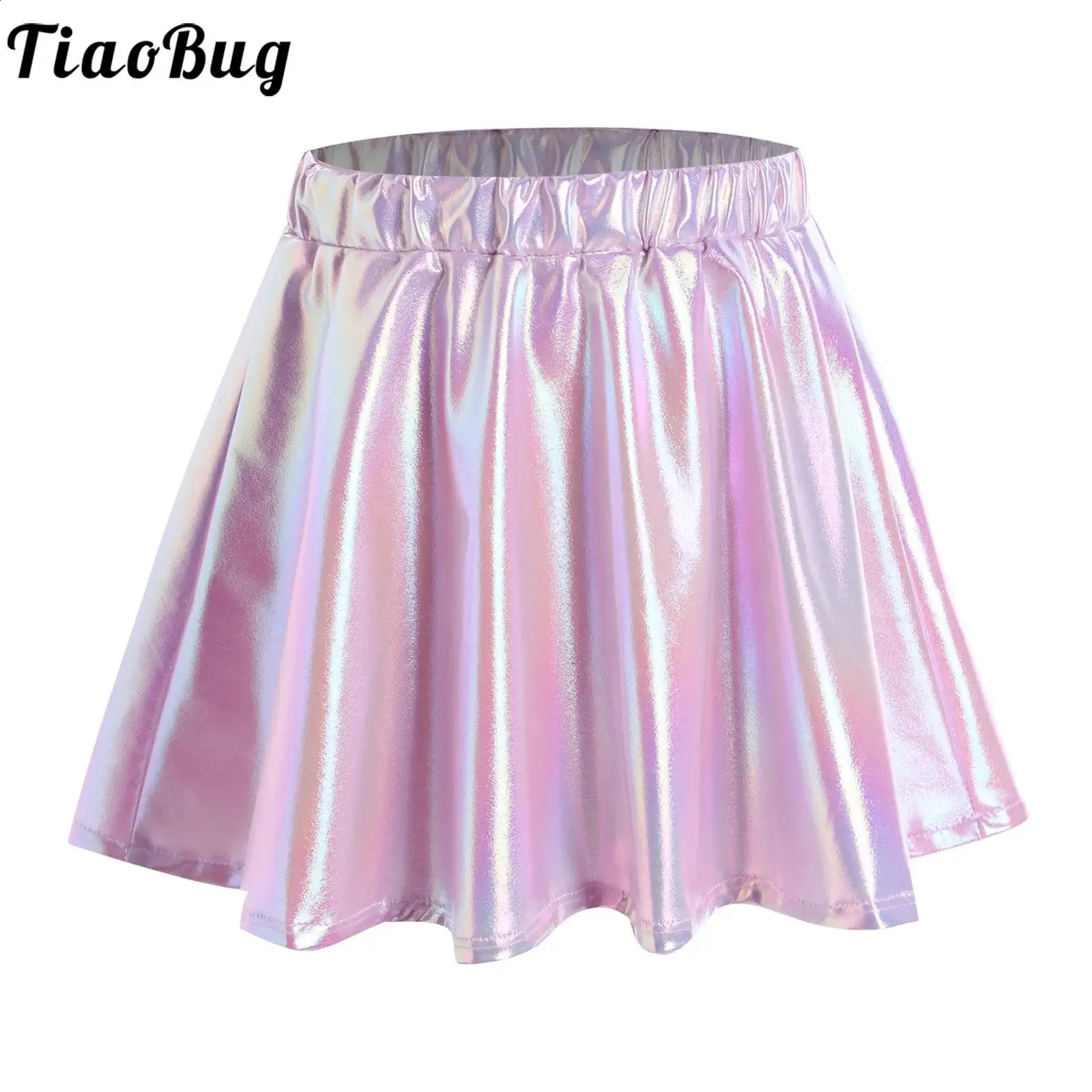 Kids Girls Metallic Shiny Skirt Elastic Waistband A-Line Miniskirt Athletic Skater Scooter Skirts for Jazz Dance Cheerleading 250206