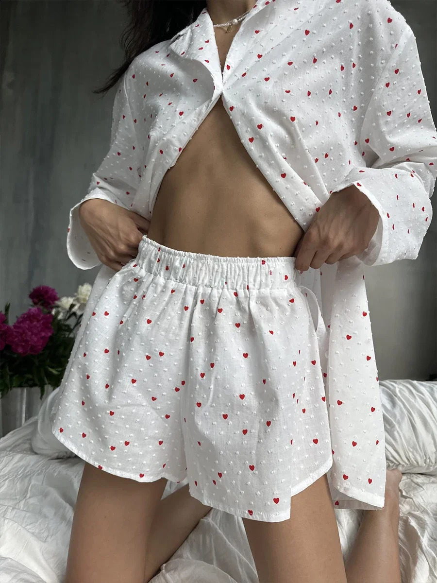 Muzuleva Summer Love Print Womens Suits Elegant Long Sleeved Shirt Shorts 2 Pieces Set Elastic Waist Wide Shorts Casual Outfit 250121