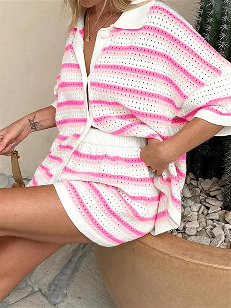 2 Piece Sets Women Striped Contrast Knit Loungewear Button Down Short Sleeve Tops and Shorts Sets Beach Casual Loose Streetwear 250121