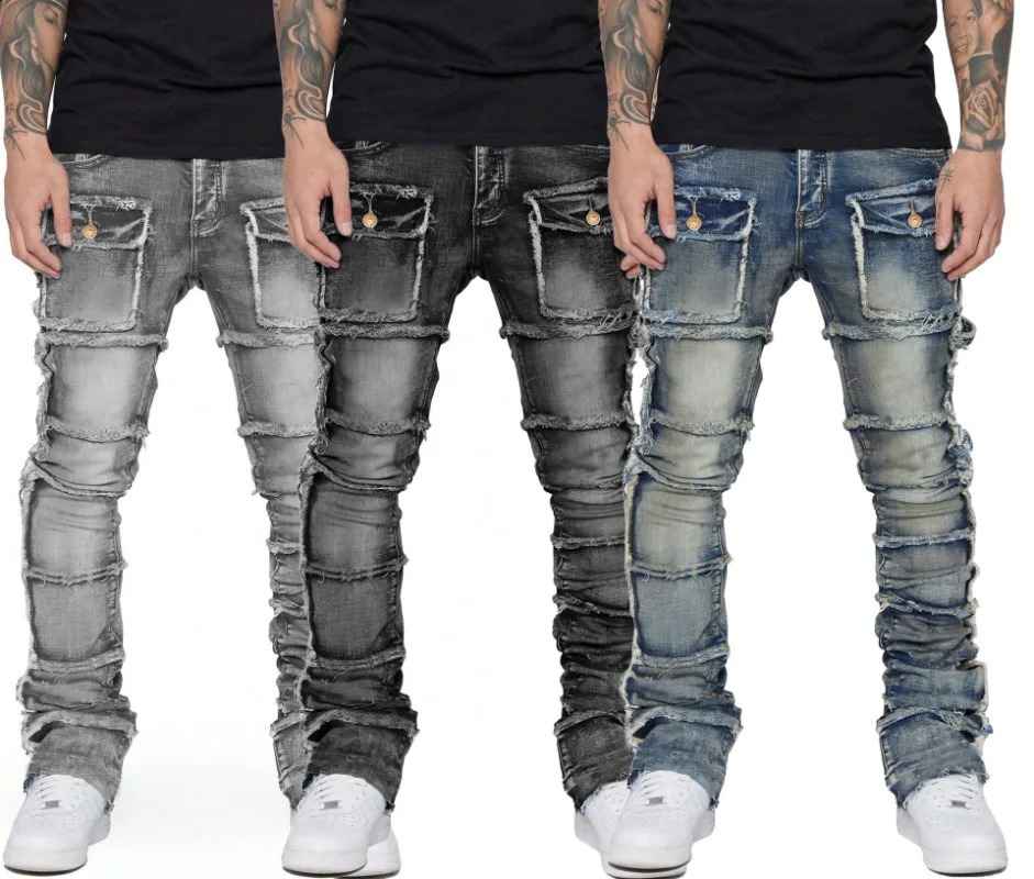 Stretchy Retro Cargo Jeans Men Ripped Washed Pants Straight Leg Male Patched Denim Trousers Y2k Hip Hop Streetwear Trouser 250206