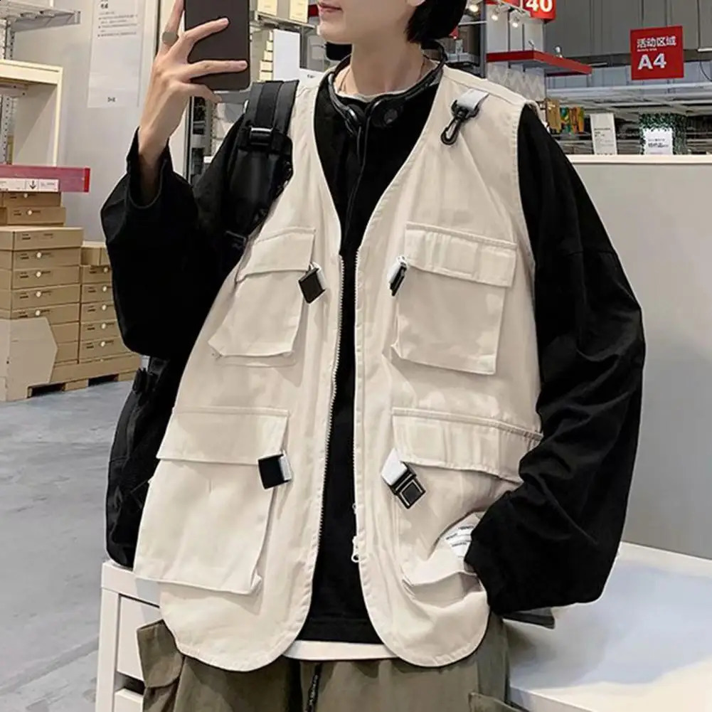 Multi-pocket Men Vest Sleeveless Solid Color Zipper Fly Waistcoat Loose Fit Casual Pographer Waistcoat Outdoor Cargo Vest 250206