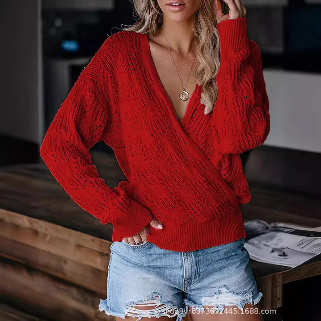Womens Knitted Solid Color Long Sleeve Hollow Top Fashion Sweater 250206