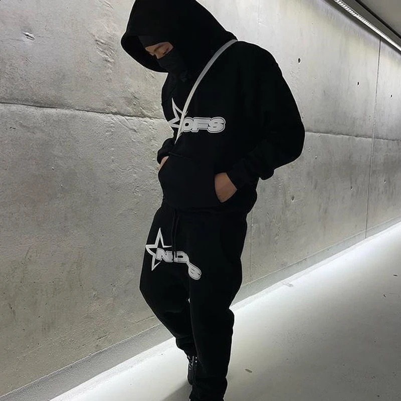 2 Piece Set Letter Printing Streetwear Y2K Mens Hip Hop Oversized Hoodie Sweatshirt Sweatpant Casual Pants Sportswear 250110