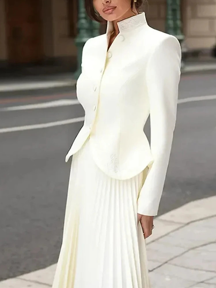 TWOTWINSTYLE Solid Two Piece Set For Women Stand Collar Long Sleeve Spliced Button Tops High Waist Skirt Chic Set Female Fashion 250116