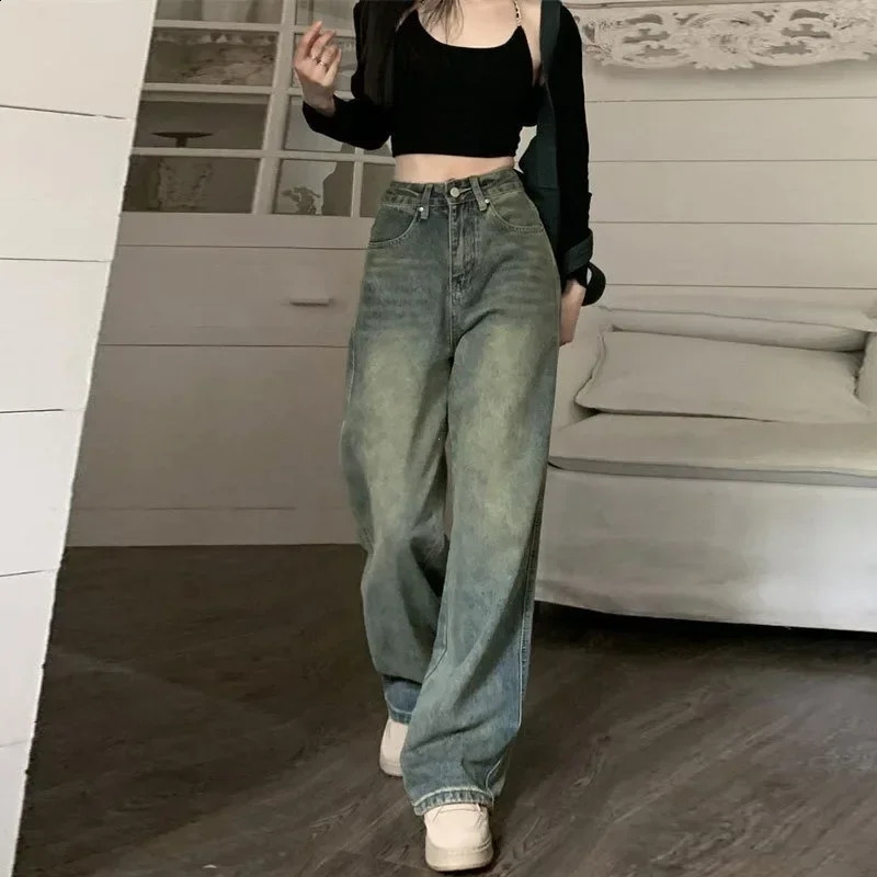 2024 Vintage Jean Irregular High Waist Slimming Wide Leg Mop Long Pants Fashion Blue Baggy Jeans Y2K Streetwear y250121