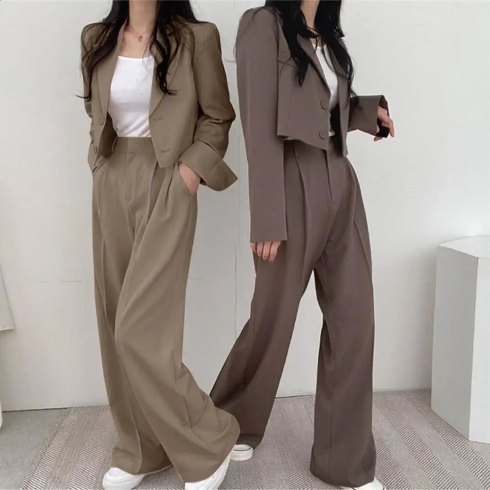 Women Cropped Blazers Pants Two-piece Set Korean Fashion Button Up Suit Jacket Wide Leg Pants Set Casual Lady Blazer Coat Set 250206