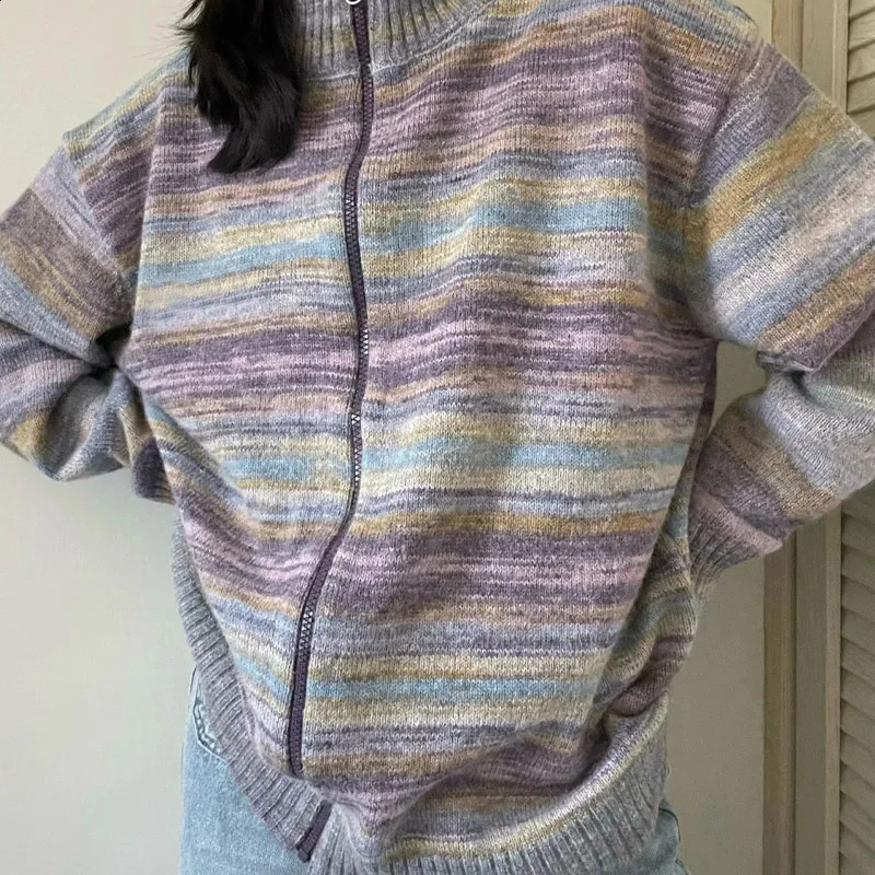 Lazy Style Rainbow Stripe Retro Zipper Cardigan Womens Sweater Jacket Autumn Winter Loose Fashion Knitted Top for Women 250118