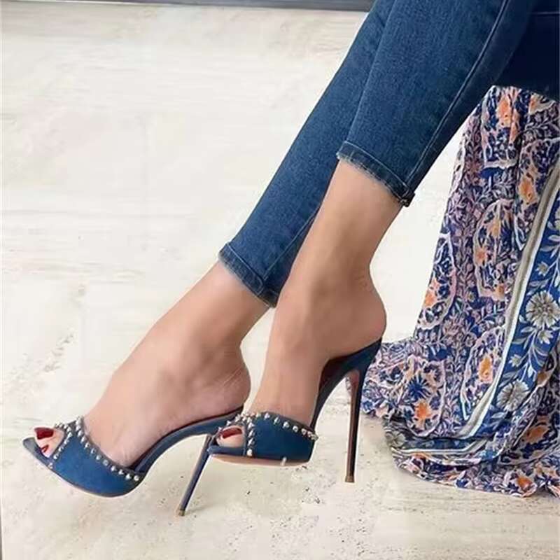 Liyke 2025 Summer Fashion Metal Rivet Designer High Heels Women Slippers Sexy Pointed Toe Party Stripper Shoes Mules Sandals