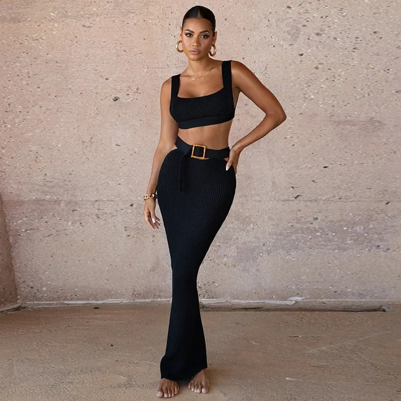 BWQ Knit Ribbed Women Cutout Waist Midi Maxi Long Skirt Suit and Tank Top Street Matching Two 2 Piece Dress Sets Outfit 250206