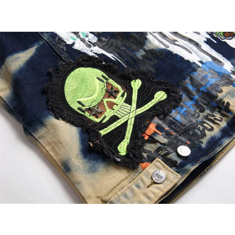 Embroidery Graffiti Denim Vests Mens Punk Denim Waistcoat Sleeveless Outerwear Youth Yashion Jeans Vests Cardigan 250206