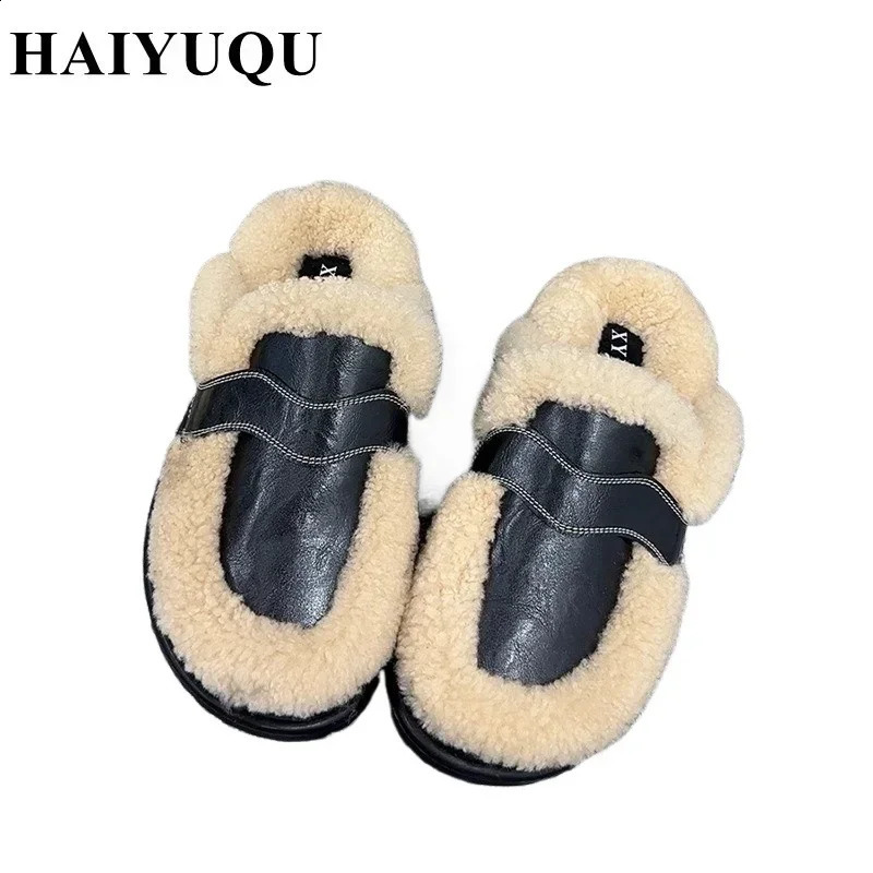 Flats Platform Cotton Slippers Women Fur Mules Shoes Winter Plush Warm Slides 2025 Trend Casual Snow Boots Soft Leather Cozy 250120