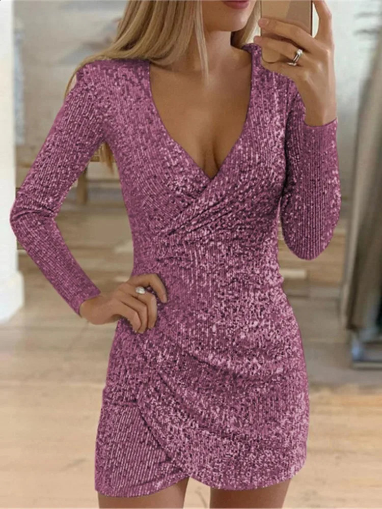 Dresses For Women 2025 Sexy Deep V-Neck Silver Sequin Mini Bodycon Dress Spring Autumn Long Sleeve Party Dress Female 250206