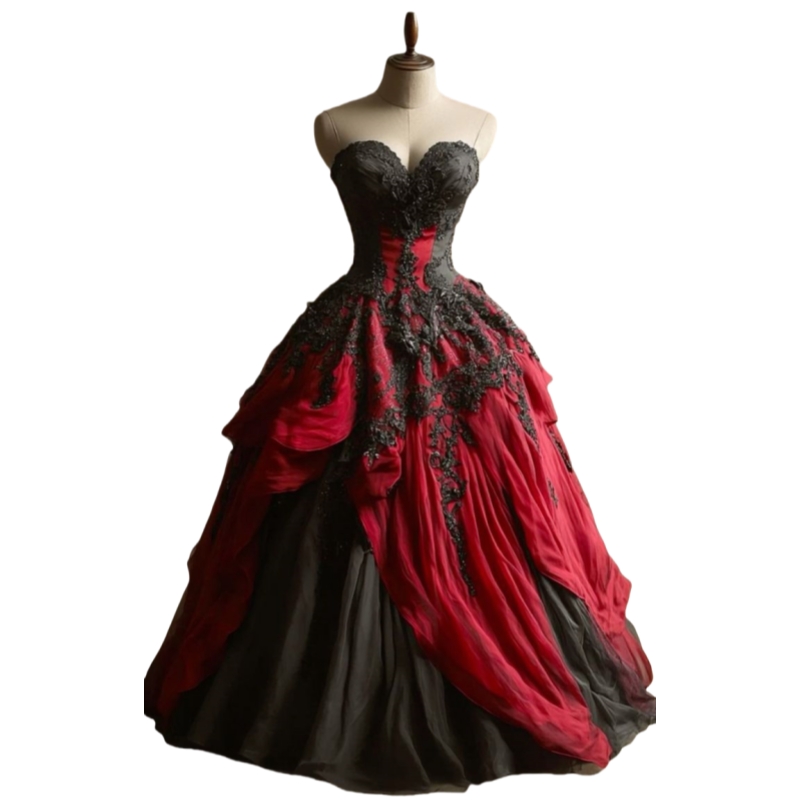 Black And Red Vintage Prom Dresses Lace Appliques Sweetheart Sleeveless Long Gothic Special Occasion Gown Tiered Masquerade Dress For Women