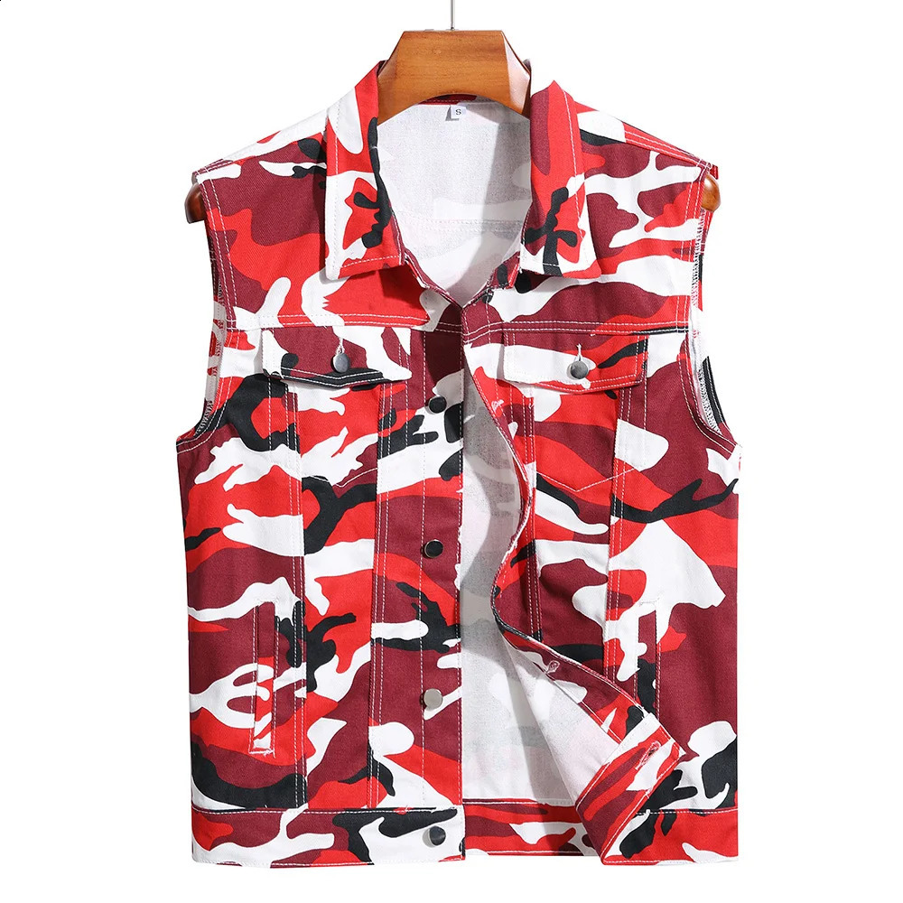 Men Red Camouflage Denim Vest Casual Cotton Waistcoat Tank Top 250206