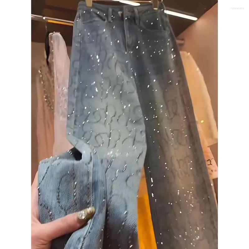 Women's Jeans Stamping For Women 2025 Spring Autumn Trendy Shiny Rivet Wide Leg Pants Female Straight Loose Denim Z260313