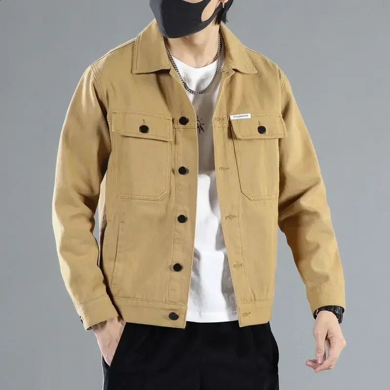 Khaki Jeans Coat for Men Japanese Autumn Denim Jackets Man Price Stylish One Piece G Washed Low Cost in Lowest Menswear 250206