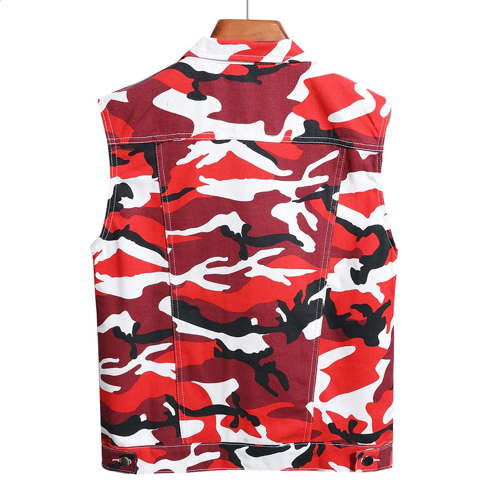 Men Red Camouflage Denim Vest Casual Cotton Waistcoat Tank Top 250206