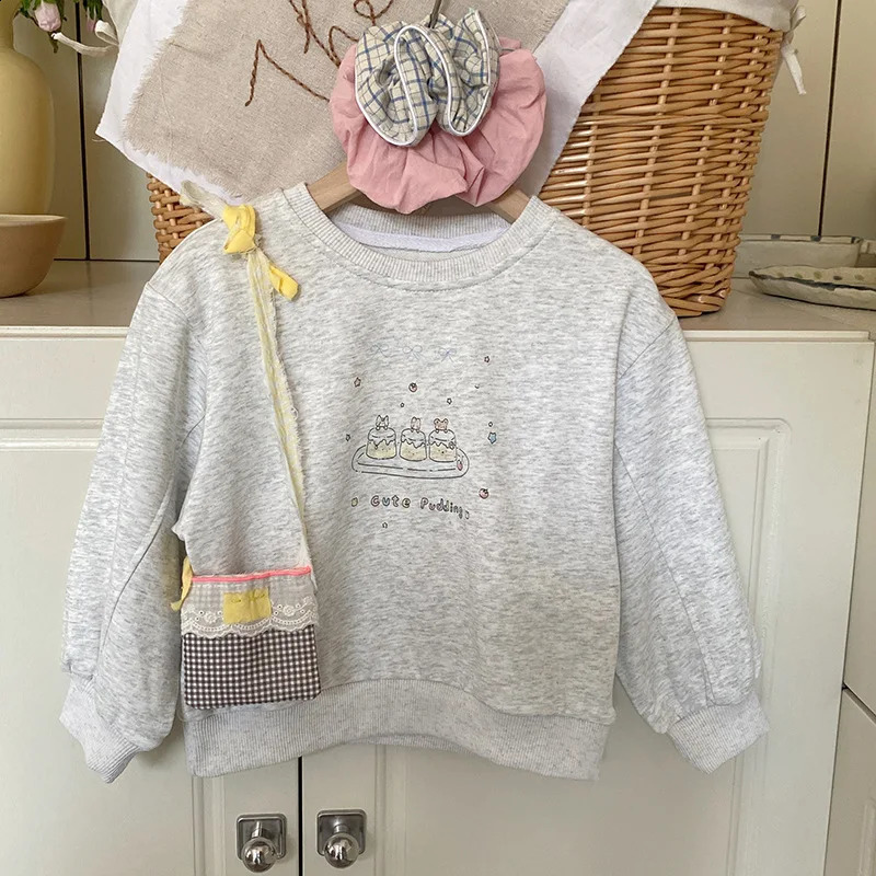 Girls Korean set spring simple cartoon hoodie with patchwork lace fart curtain skirt pants fashion childrens clothing 250117