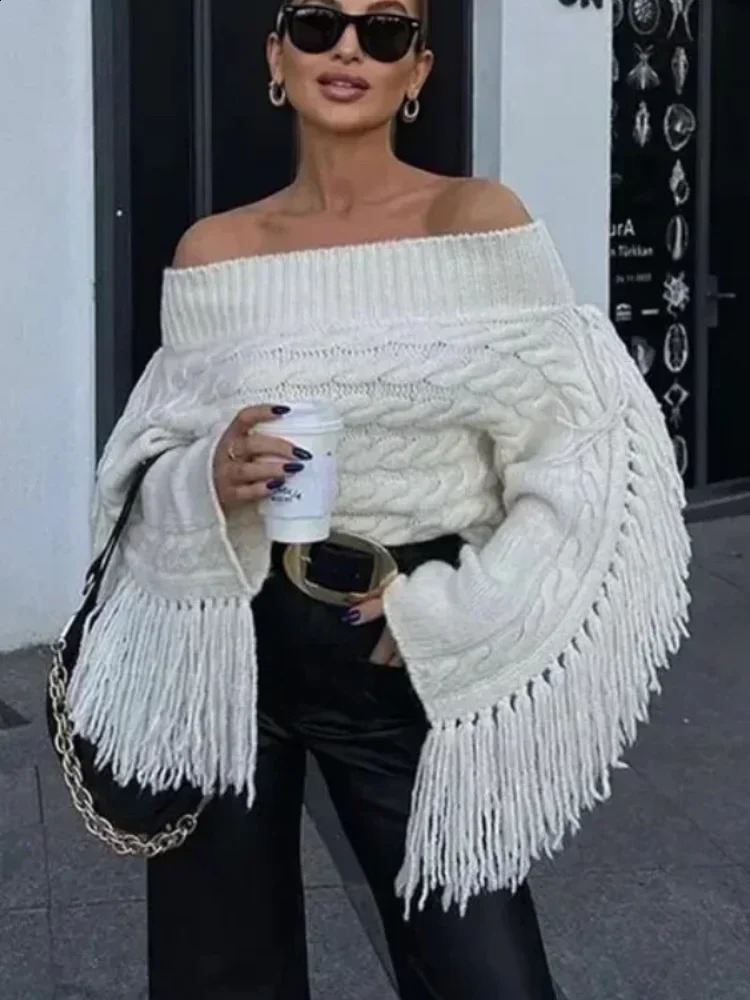 Elegant Off Shoulder Womens Spliced Tassels Sweater Sexy Slash Neck Long Sleeves Pullover Jumper 2024 Autumn Lady Chic Knitwear 250121