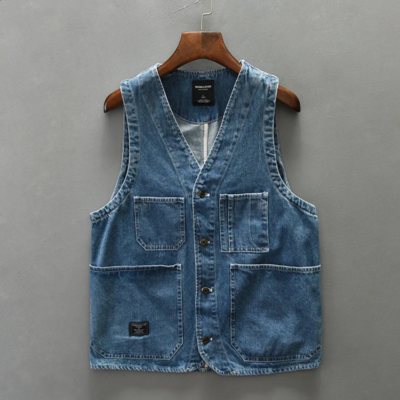 Z014 Spring Fashion Mens Denim Vest Good Quality Teens V-neck Sleeveless Multi-pocket Easy Match Soft Loose Casual Waistcoats 250206