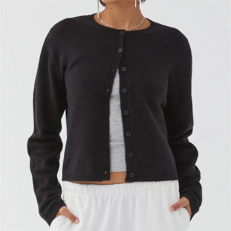 Fashion Y2k Crochet Knit Cardigans Women Slim Crew Neck Long Sleeve Single Breasted Sweaters Autumn Lady Versatile Sweater 250206