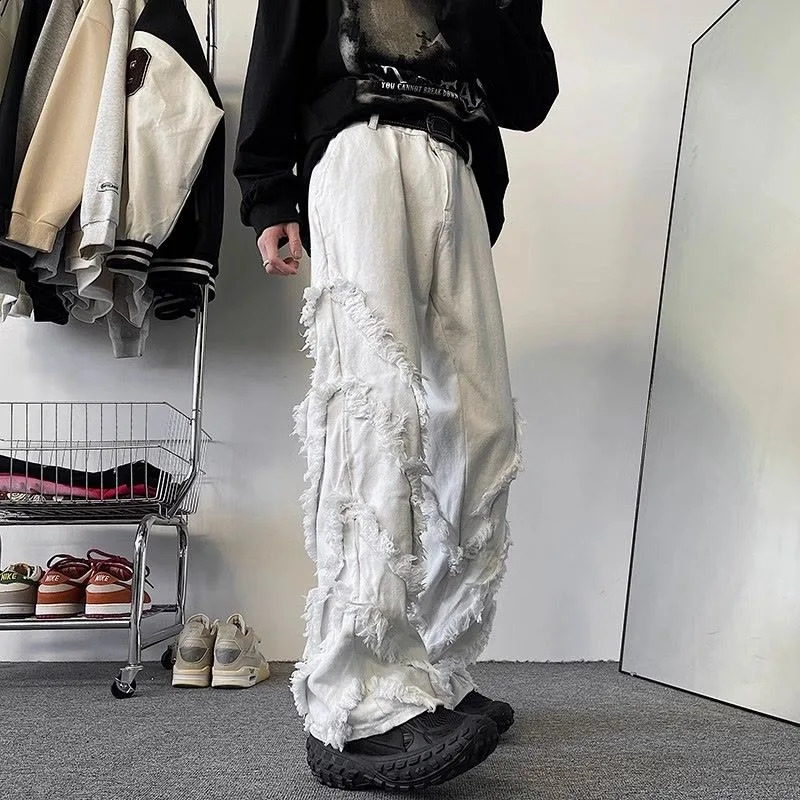 Y2K American Fashion High Street Vibe Destroyed Fringed Jeans Men And Women Vintage Harajuku Wide Leg Micro-trumpet Slacks 250206