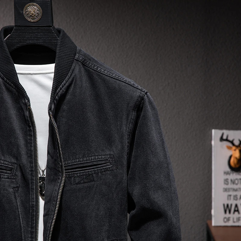 autumn mens denim jacket fashion casual loose O-Neck denim jacket classic black retro cotton jacket mens 250206