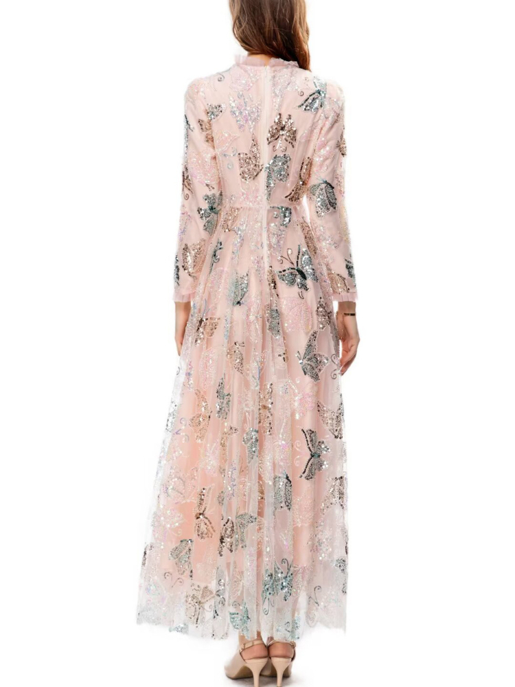 OC4099M5 Spring and Summer Women's Dress Multicolored Round Neck Long Sleeved Mesh Handmade Butterfly Embroidered Bead Long Skirt