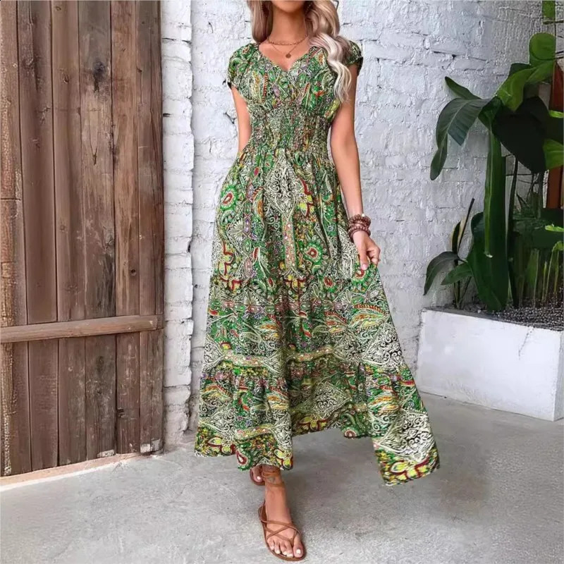 Summer Womens Short Sleeved Dress Long Vneck Cinched Waist Style French Temperament Bohemian Vacation Printed 250121