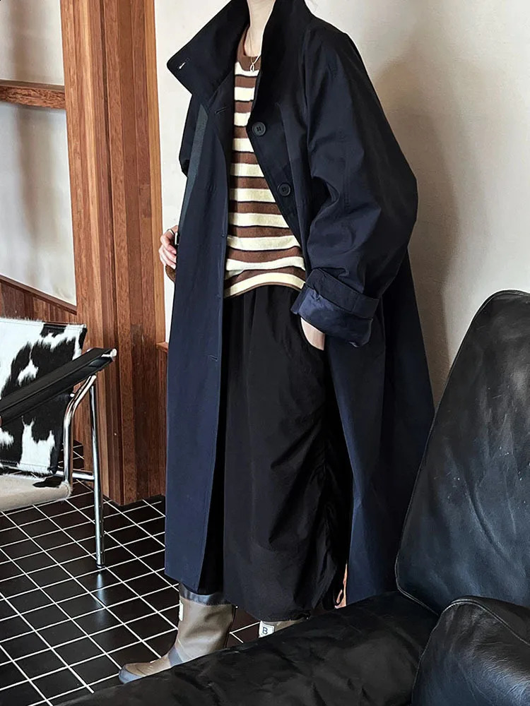 EAM Women Navy Blue Big Size Long Elegant Trench Stand Collar Long Sleeve Windbreaker Fashion Spring Autumn 1DH6843 250118