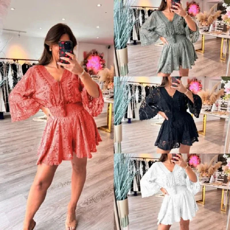 Women French Crochet Top and Shorts Set Casual Short V Neck Hollow Lace Suit 250121