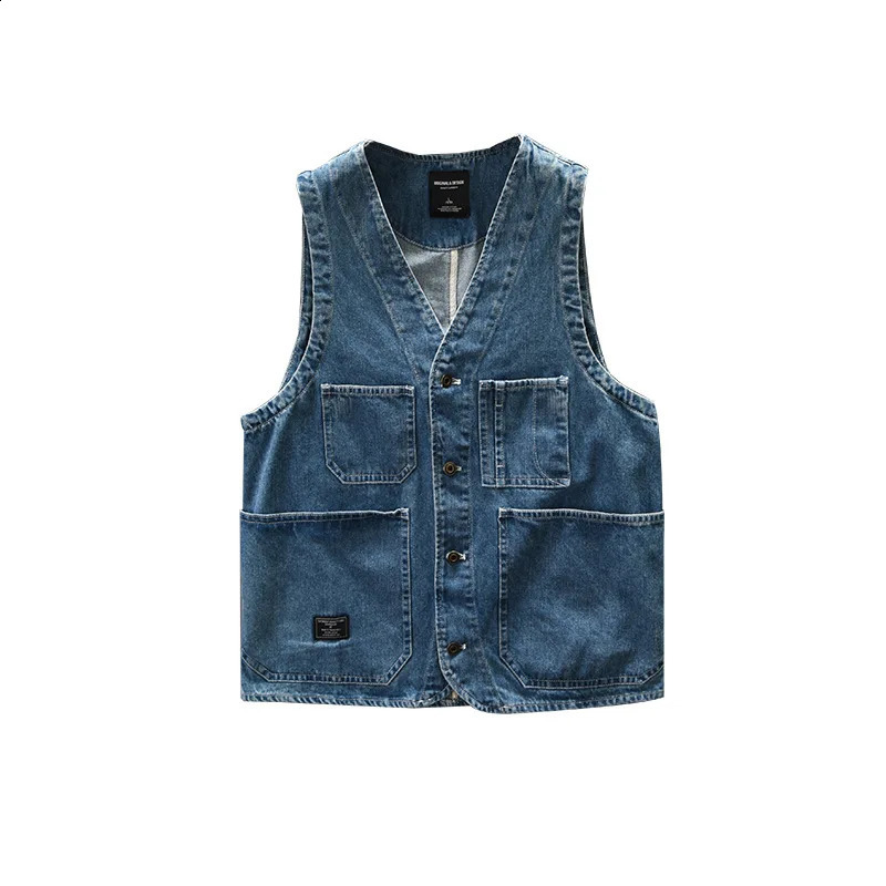 Z014 Spring Fashion Mens Denim Vest Good Quality Teens V-neck Sleeveless Multi-pocket Easy Match Soft Loose Casual Waistcoats 250206