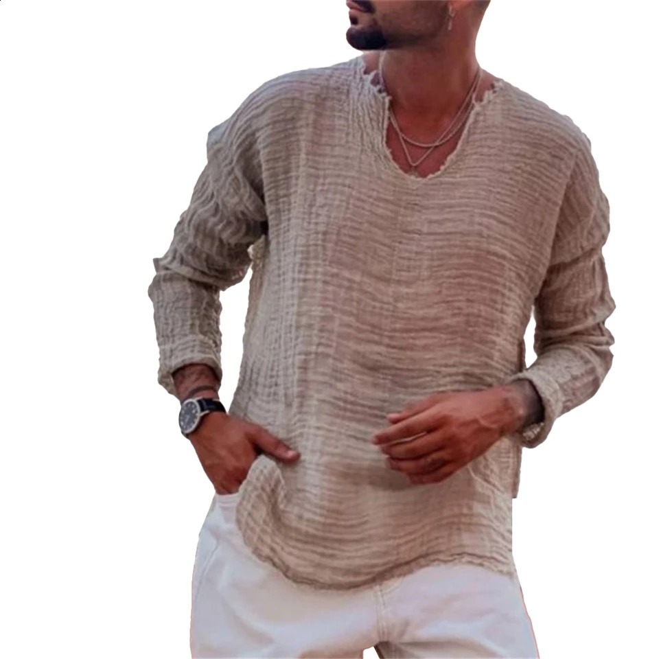 T-Shirt Mens Shirt Blouse Top Classic Daily Linen Blend Long Sleeve Male Muscle Office Outdoor Solid Tee V-Neck 250116