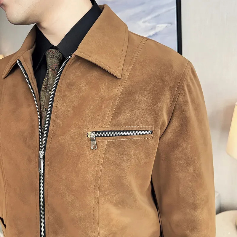 Mens Suede Casual Jacket Lapel Fashionable Jacket High-Grade Zipper Decorations Business Casual Warm Coat 250206