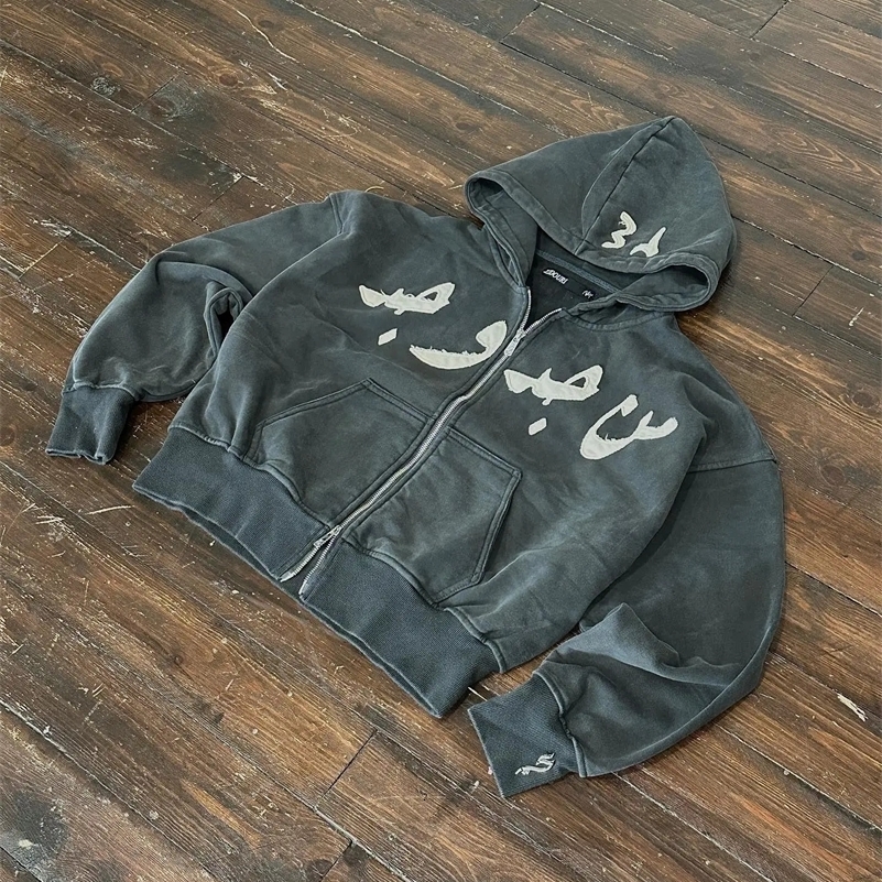 American Retro Personalized Patch Embroidery Oversize Double Zipper Hoodie Mens Y2K Harajuku Hip Hop Goth Casual Joker Top 250102