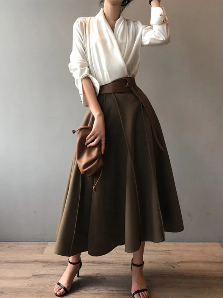 Fashion Casual Satin Sag Cross Collar Women Tops Elegant Solid Color Longsleeved Shirt Womens Clothing Sales 250121