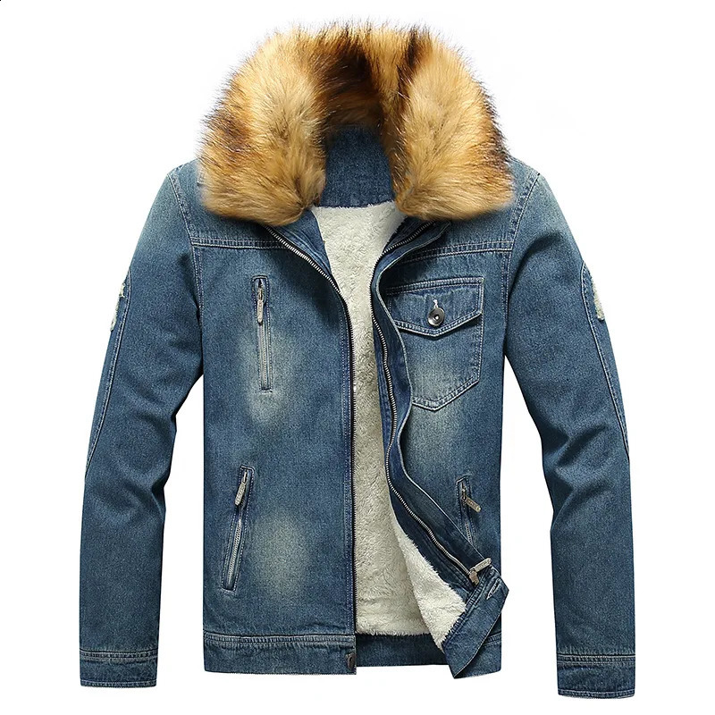 Fur Collar Jackets Mens Winter Fleece Lined Jeans Jacket Demin Couple Jacket Motorcycle Cowboy Coat Outwear 5XL 6XL MY211 250206