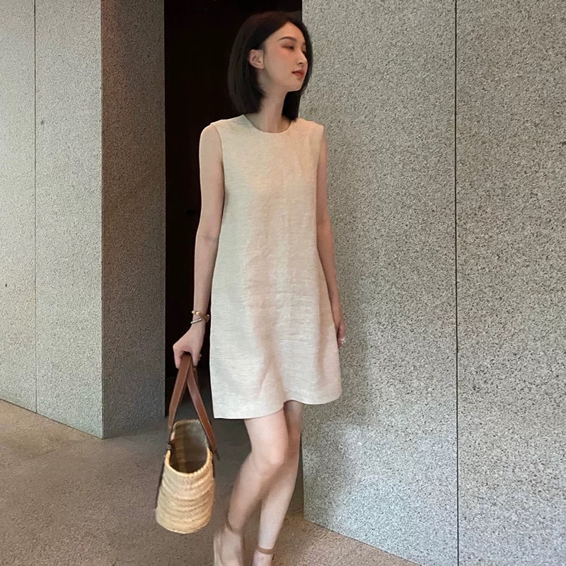 P4200 New summer atmosphere plant dyeing mid-length linen vest dress round neck sleeveless dress summer