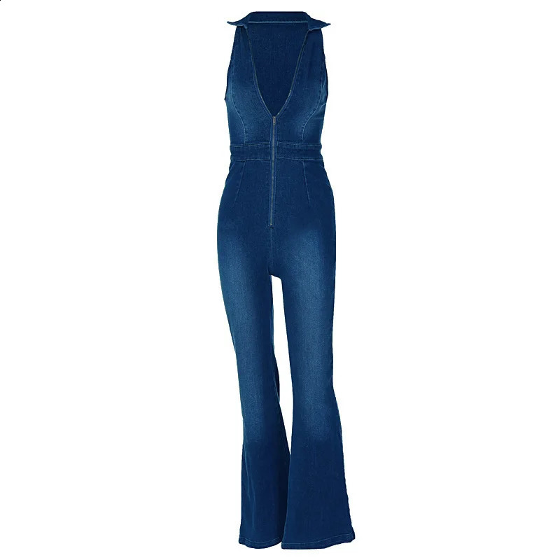Elegant Women Vintage Jumpsuit Chic Denim Zipper V Neck Halter Sleeveless High Waist Wide Legs Bodycon Summer Jumpsuits 250122