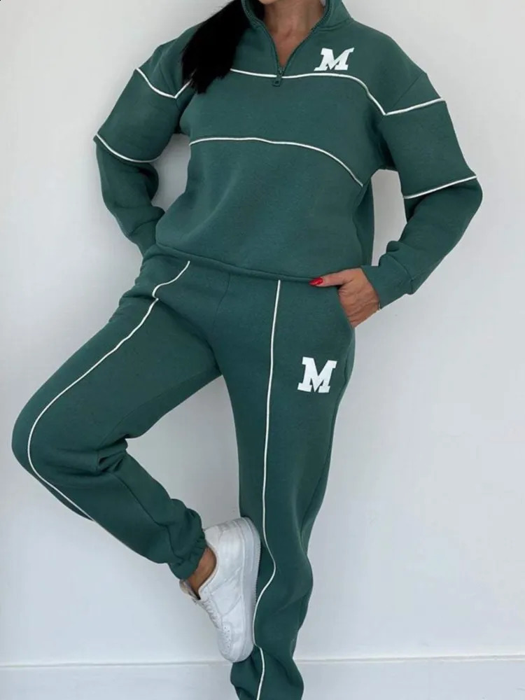 Autumn Winter Womens Fashion Letter Print Sweatshirt Set Casual Zipper Half Open Collar Long-sleeve Sweatpants Two-piece Set 250122