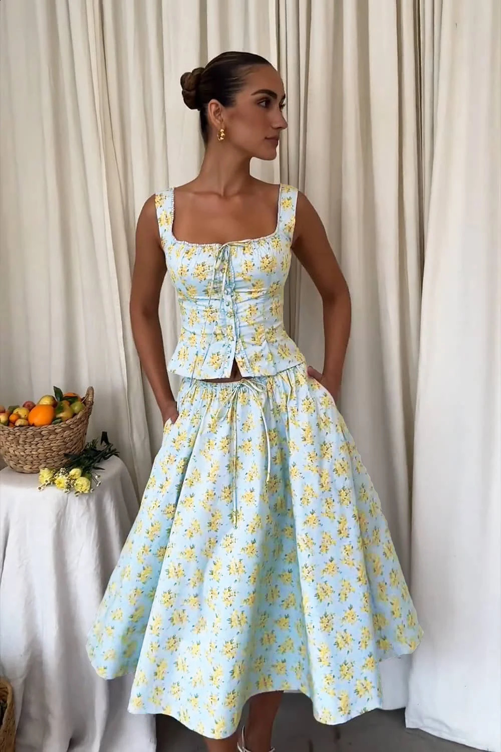 Minigmingxi Summer Floral Print 2 Piece Dress Set 2024 Casual Elegant and Beautiful Women Dresss Midi Party Holiday Dress Sets 250113