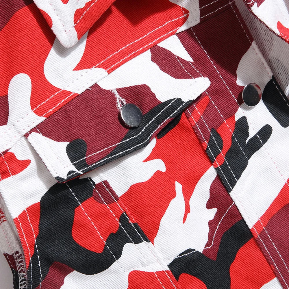 Men Red Camouflage Denim Vest Casual Cotton Waistcoat Tank Top 250206